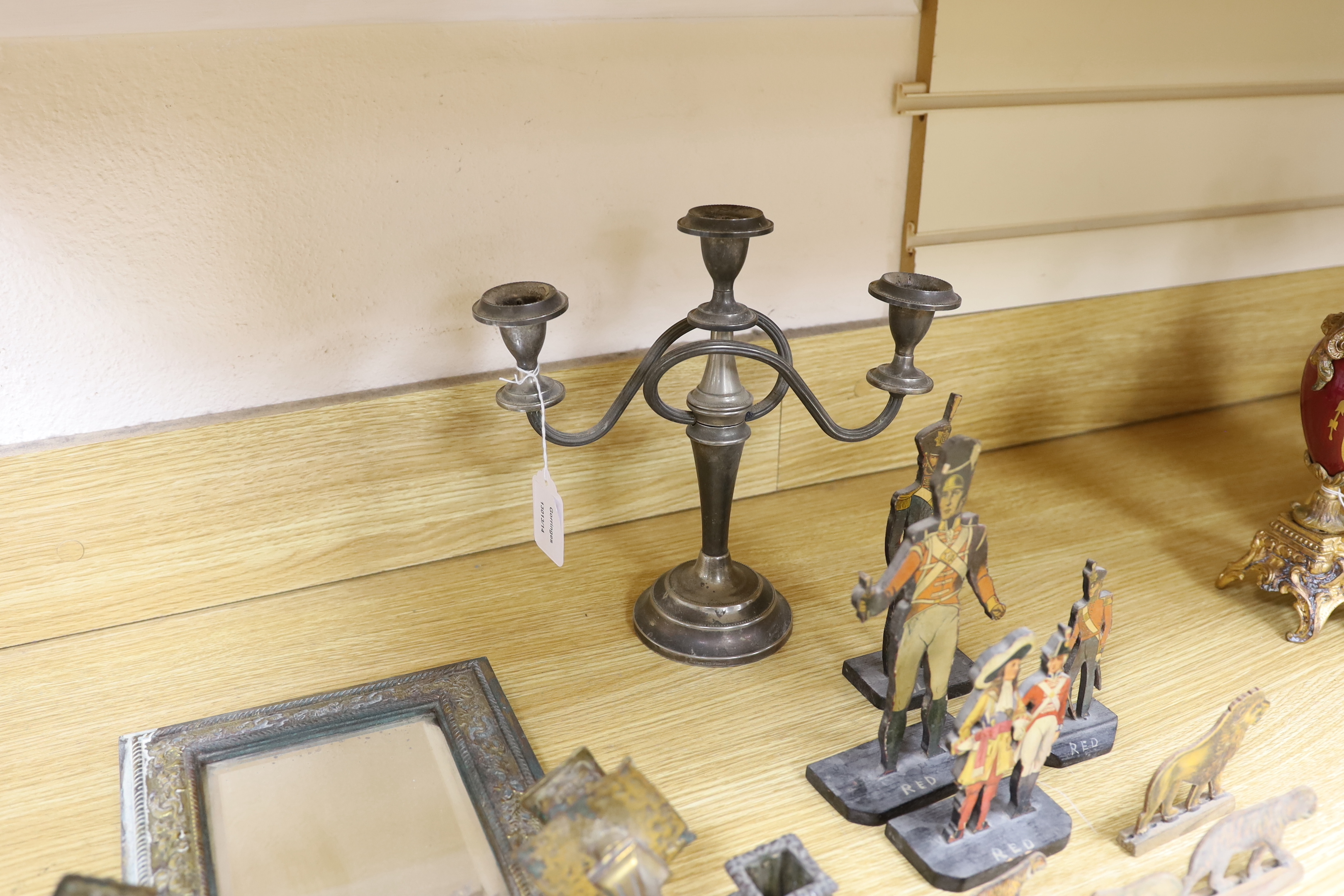 A set of three Victorian mirrored candle sconces together with various other items including a telescope